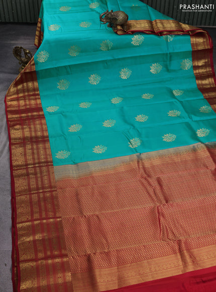 Pure kanchipuram silk saree teal blue and red with zari woven buttas and long zari woven korvai border