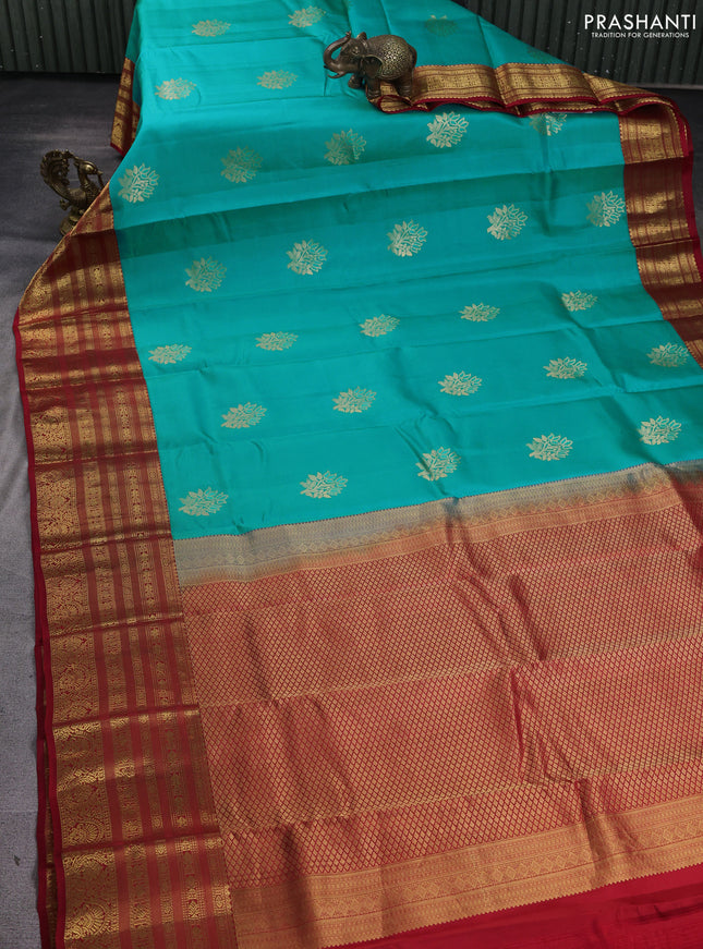 Pure kanchipuram silk saree teal blue and red with zari woven buttas and long zari woven korvai border