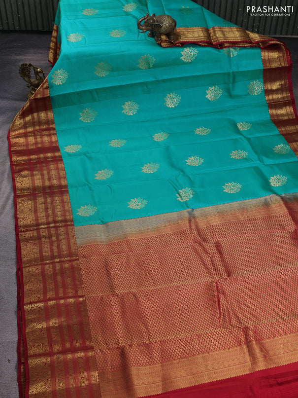 Pure kanchipuram silk saree teal blue and red with zari woven buttas and long zari woven korvai border