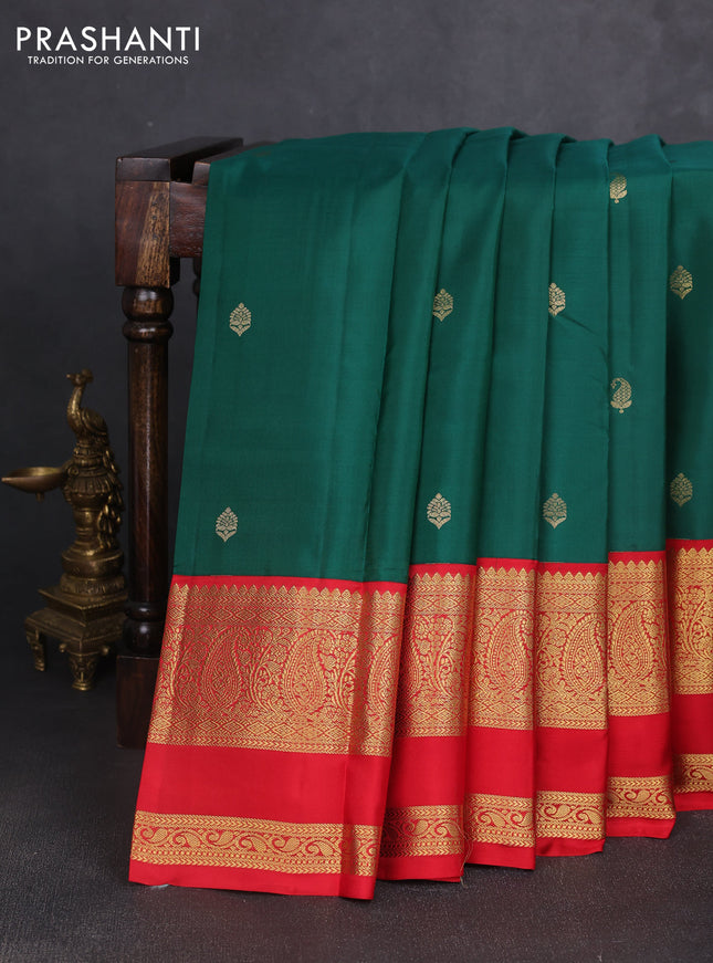 Pure kanchipuram silk saree green and red with zari woven buttas and long rettapet zari woven korvai border