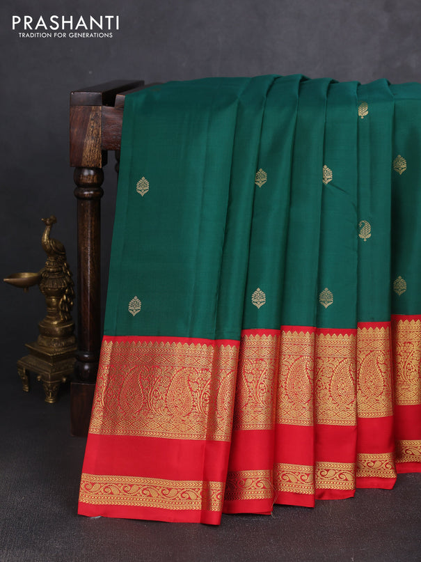 Pure kanchipuram silk saree green and red with zari woven buttas and long rettapet zari woven korvai border
