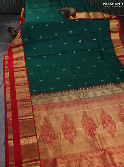 Pure kanchipuram silk saree green and red with zari woven buttas and long rettapet zari woven korvai border