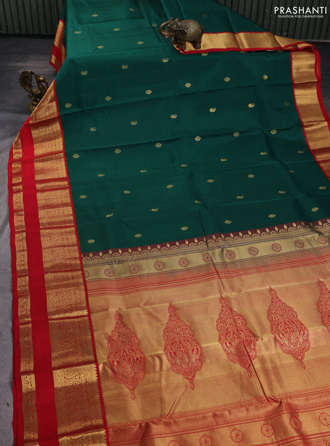 Pure kanchipuram silk saree green and red with zari woven buttas and long rettapet zari woven korvai border