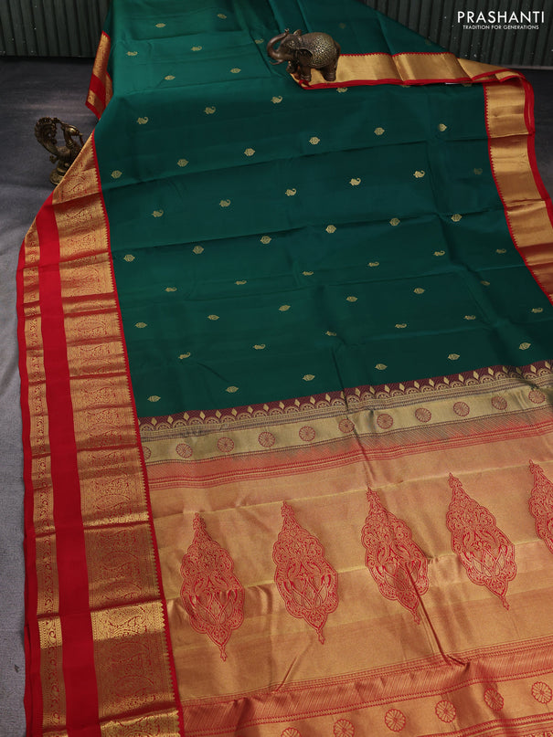 Pure kanchipuram silk saree green and red with zari woven buttas and long rettapet zari woven korvai border