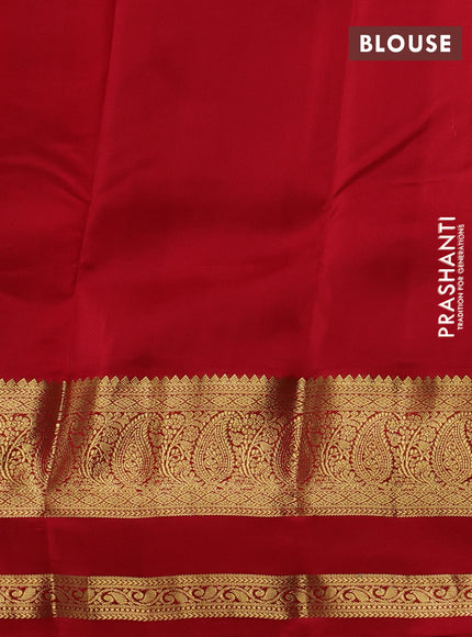 Pure kanchipuram silk saree green and red with zari woven buttas and long rettapet zari woven korvai border