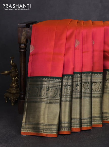 Pure kanchipuram silk saree dual shade of pinkish orange and bottle green with zari woven buttas and long zari woven korvai border