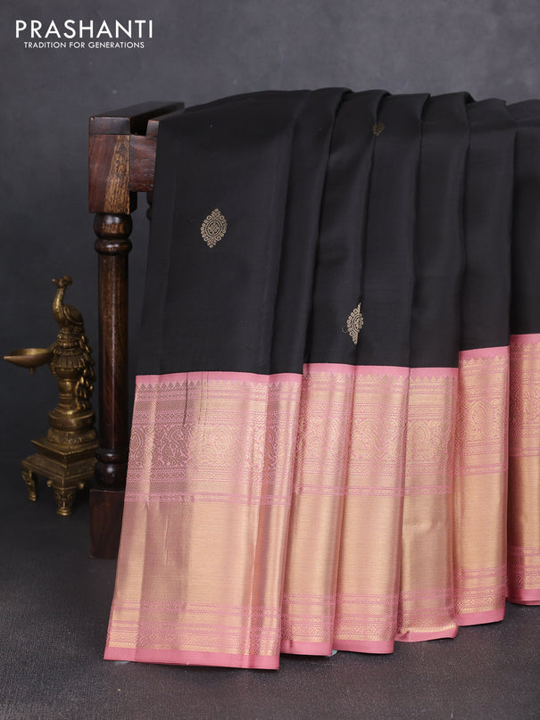 Pure kanchipuram silk saree black and pastel pink with zari woven buttas and long zari woven korvai border