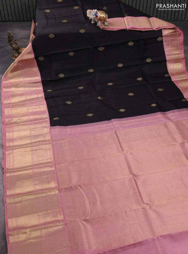Pure kanchipuram silk saree black and pastel pink with zari woven buttas and long zari woven korvai border