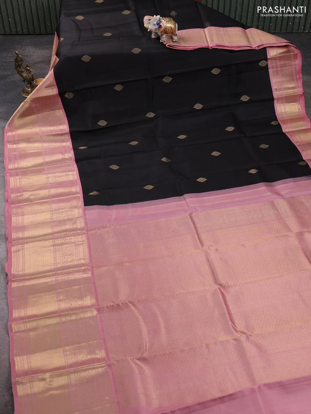 Pure kanchipuram silk saree black and pastel pink with zari woven buttas and long zari woven korvai border