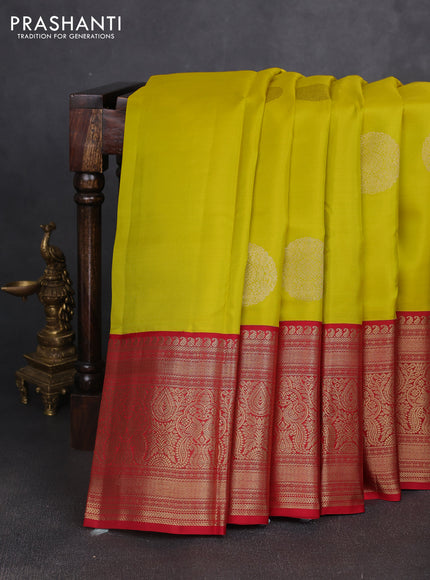 Pure kanchipuram silk saree lime yellow and red with zari woven buttas and long zari woven korvai border