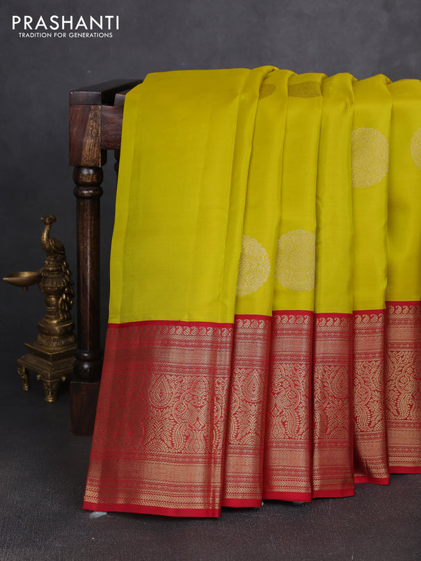 Pure kanchipuram silk saree lime yellow and red with zari woven buttas and long zari woven korvai border