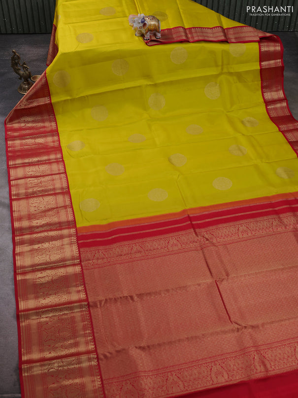 Pure kanchipuram silk saree lime yellow and red with zari woven buttas and long zari woven korvai border