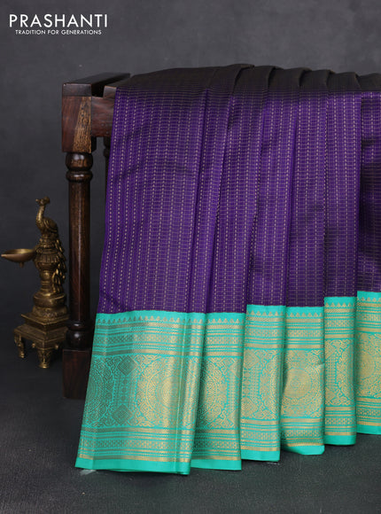 Pure kanchipuram silk saree blue and teal blue with allover zari checks & buttas and long zari woven korvai border