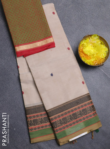 Chettinad cotton saree beige and light green with thread woven buttas and thread woven border