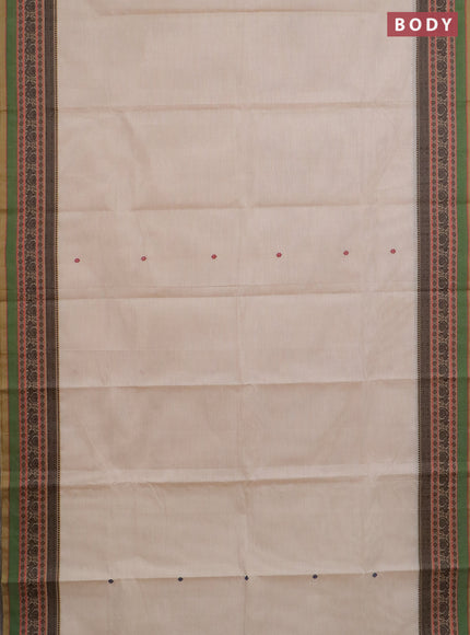 Chettinad cotton saree beige and light green with thread woven buttas and thread woven border