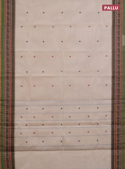 Chettinad cotton saree beige and light green with thread woven buttas and thread woven border