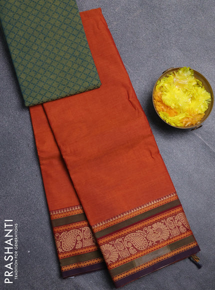 Chettinad cotton saree dark mustard and green with plain body and thread woven border