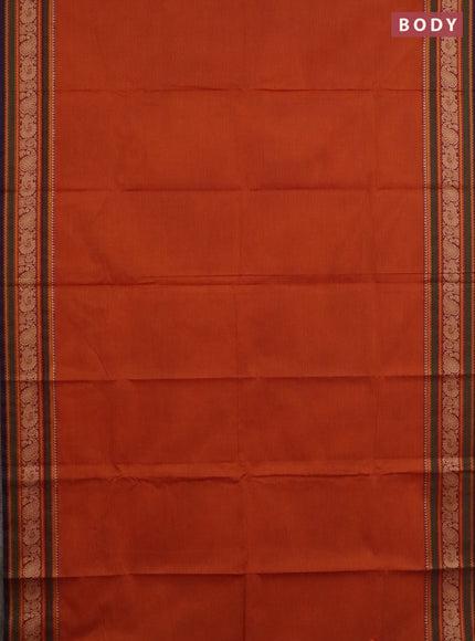 Chettinad cotton saree dark mustard and green with plain body and thread woven border