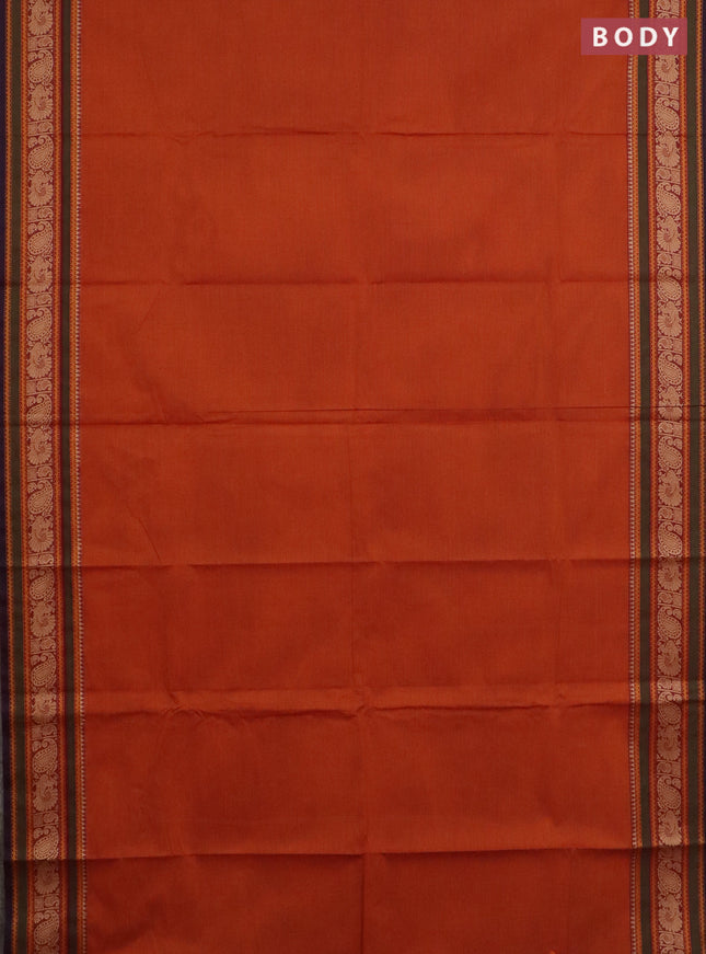 Chettinad cotton saree dark mustard and green with plain body and thread woven border