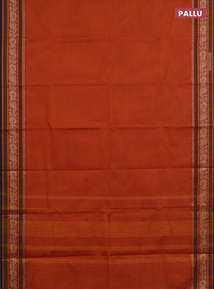 Chettinad cotton saree dark mustard and green with plain body and thread woven border