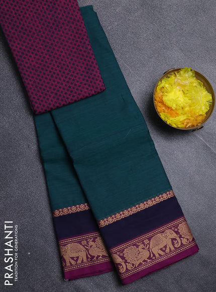 Chettinad cotton saree dual shade of bluish green and magenta pink with plain body and thread woven border