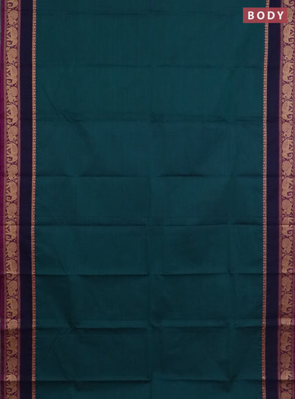 Chettinad cotton saree dual shade of bluish green and magenta pink with plain body and thread woven border