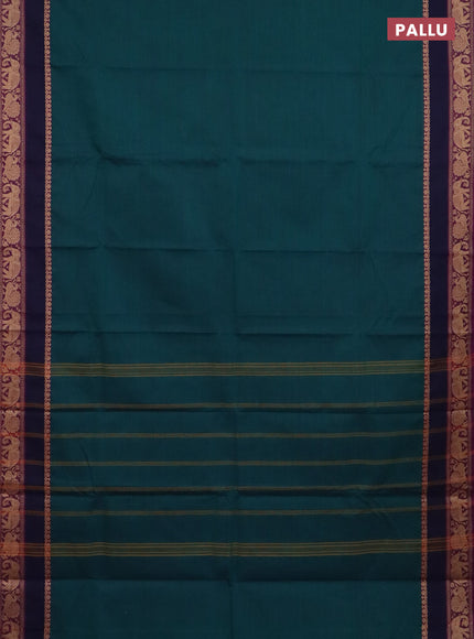 Chettinad cotton saree dual shade of bluish green and magenta pink with plain body and thread woven border