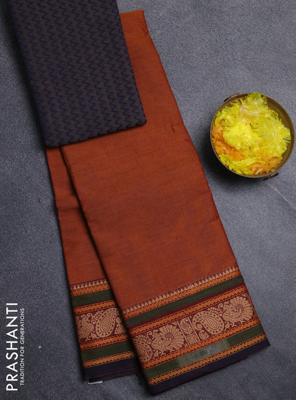 Chettinad cotton saree dark mustard and navy blue with plain body and thread woven border