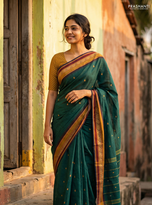 Chettinad cotton saree bottle green and navy blue with thread woven buttas and temple design thread woven border