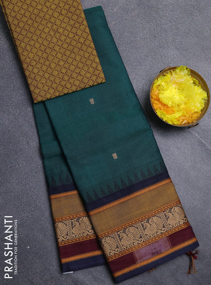 Chettinad cotton saree bottle green and navy blue with thread woven buttas and temple design thread woven border