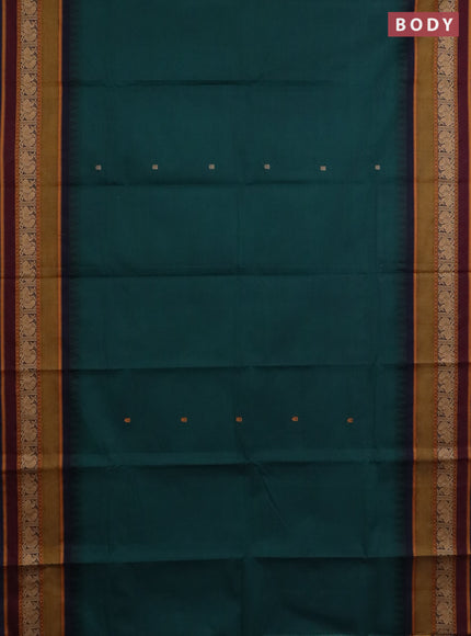 Chettinad cotton saree bottle green and navy blue with thread woven buttas and temple design thread woven border