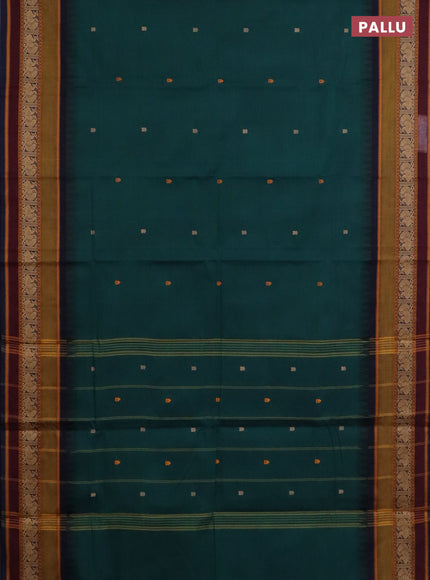Chettinad cotton saree bottle green and navy blue with thread woven buttas and temple design thread woven border