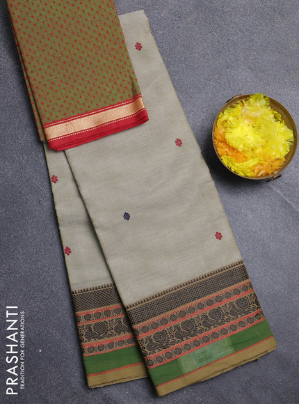Chettinad cotton saree beige and light green with thread woven buttas and thread woven border