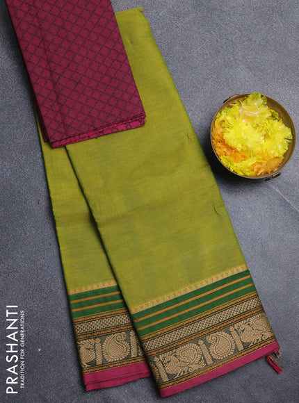 Chettinad cotton saree light green and pink with plain body and thread woven border