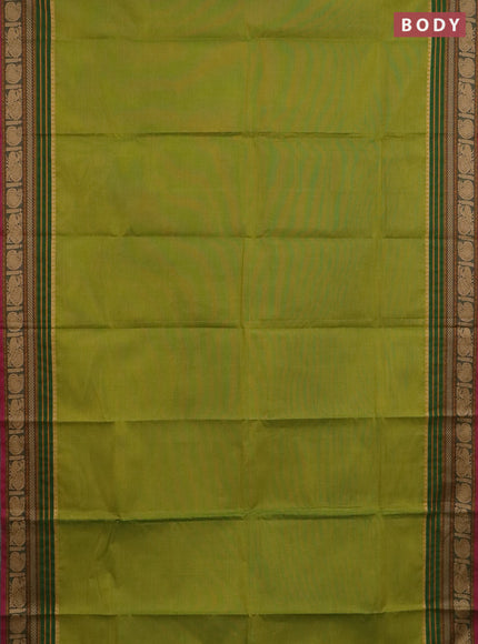 Chettinad cotton saree light green and pink with plain body and thread woven border