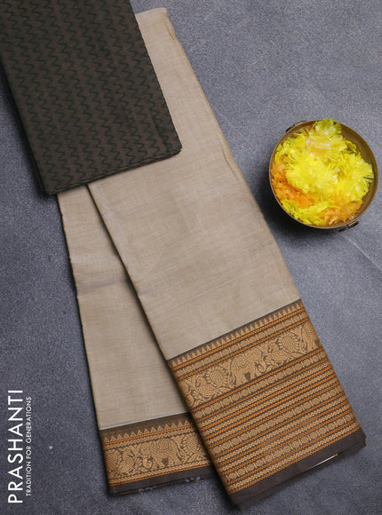 Chettinad cotton saree beige and brown with plain body and long thread woven border