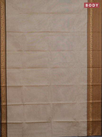 Chettinad cotton saree beige and brown with plain body and long thread woven border