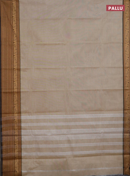 Chettinad cotton saree beige and brown with plain body and long thread woven border