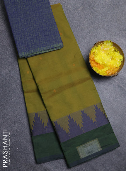 Chettinad cotton saree mehendi green and blue with thread woven buttas and temple design thread woven border