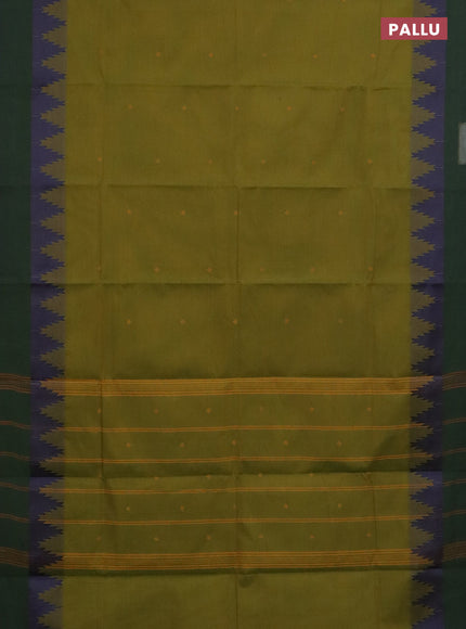 Chettinad cotton saree mehendi green and blue with thread woven buttas and temple design thread woven border
