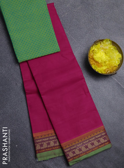 Chettinad cotton saree pink and light green with plain body and thread woven border