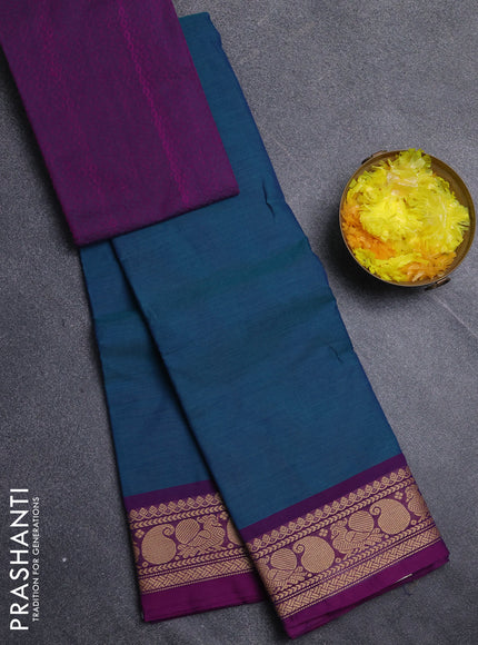 Chettinad cotton saree peacock green and purple with plain body and thread woven border