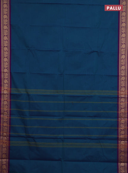 Chettinad cotton saree peacock green and purple with plain body and thread woven border