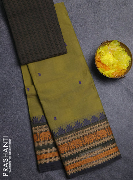 Chettinad cotton saree mehendi green and green with thread woven buttas and temple design thread woven border