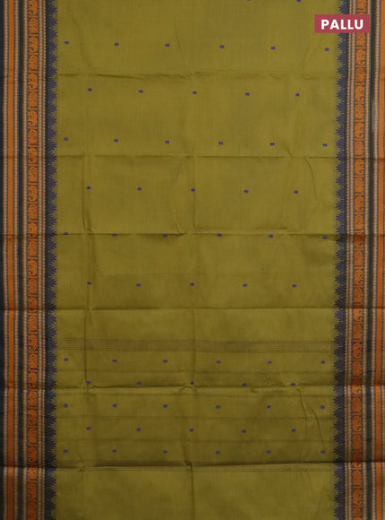 Chettinad cotton saree mehendi green and green with thread woven buttas and temple design thread woven border