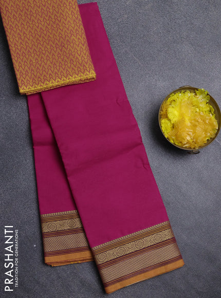 Chettinad cotton saree pink and yellow with plain body and thread woven border