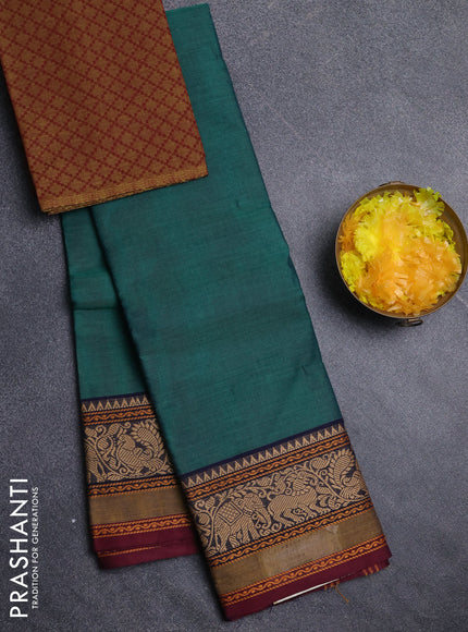 Chettinad cotton saree green and maroon with plain body and thread woven border