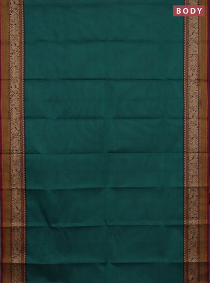 Chettinad cotton saree green and maroon with plain body and thread woven border