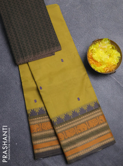 Chettinad cotton saree lime yellow shade and green with thread woven buttas and temple design thread woven border