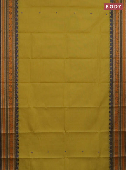 Chettinad cotton saree lime yellow shade and green with thread woven buttas and temple design thread woven border